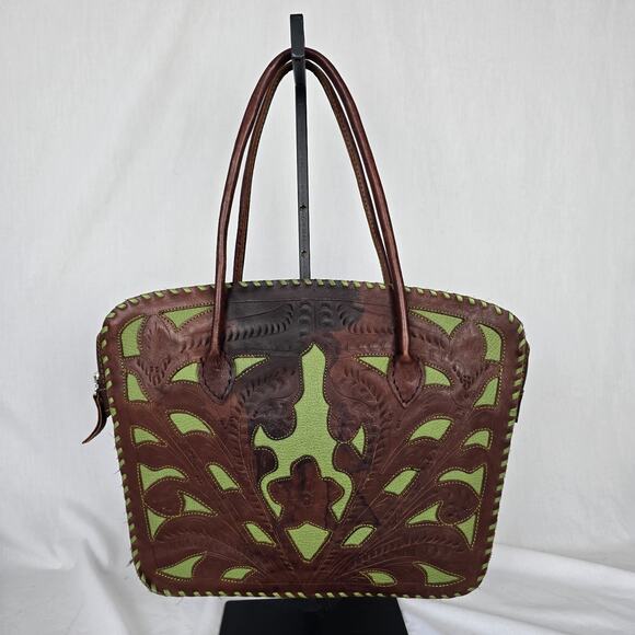 Leaders in Leather Tote Laptop Bag Hand Tooled Cutout Brown Green Paraguay - Picture 3 of 16